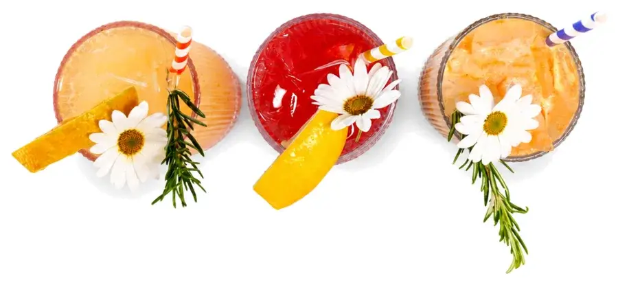 Three cocktails garnished with daisies, rosemary and citrus